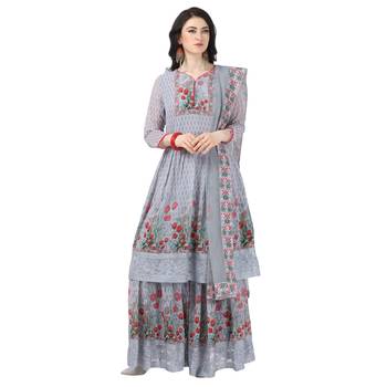 Grey Georgette Printed Women's Semi-Stitched Sharara  Suit 1