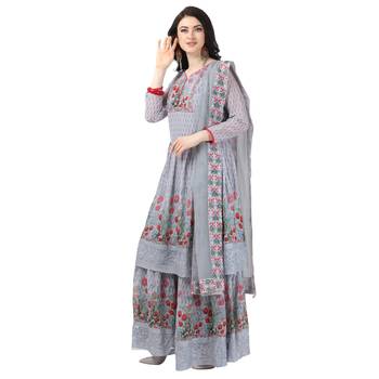 Grey Georgette Printed Women's Semi-Stitched Sharara  Suit 3