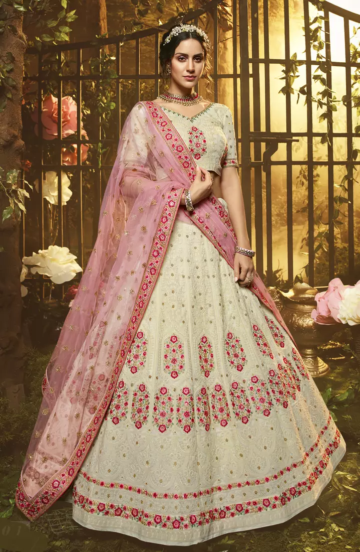White sequins, thread, zari embroidered with stone work georgette Semi Stitched bridal lehenga