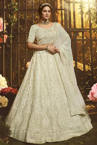 White embroidered georgette Semi Stitched bridal lehenga
