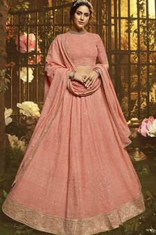Peach gota, dori, thread, sequins embroidered georgette Semi Stitched bridal lehenga
