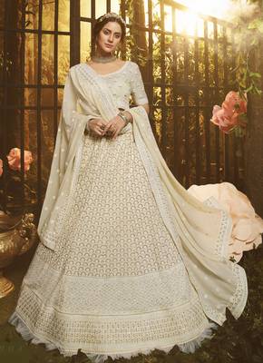 White embroidered georgette Semi Stitched Bridal Lehenga 1