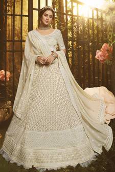White embroidered georgette Semi Stitched bridal lehenga