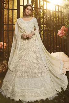 White embroidered georgette Semi Stitched bridal lehenga