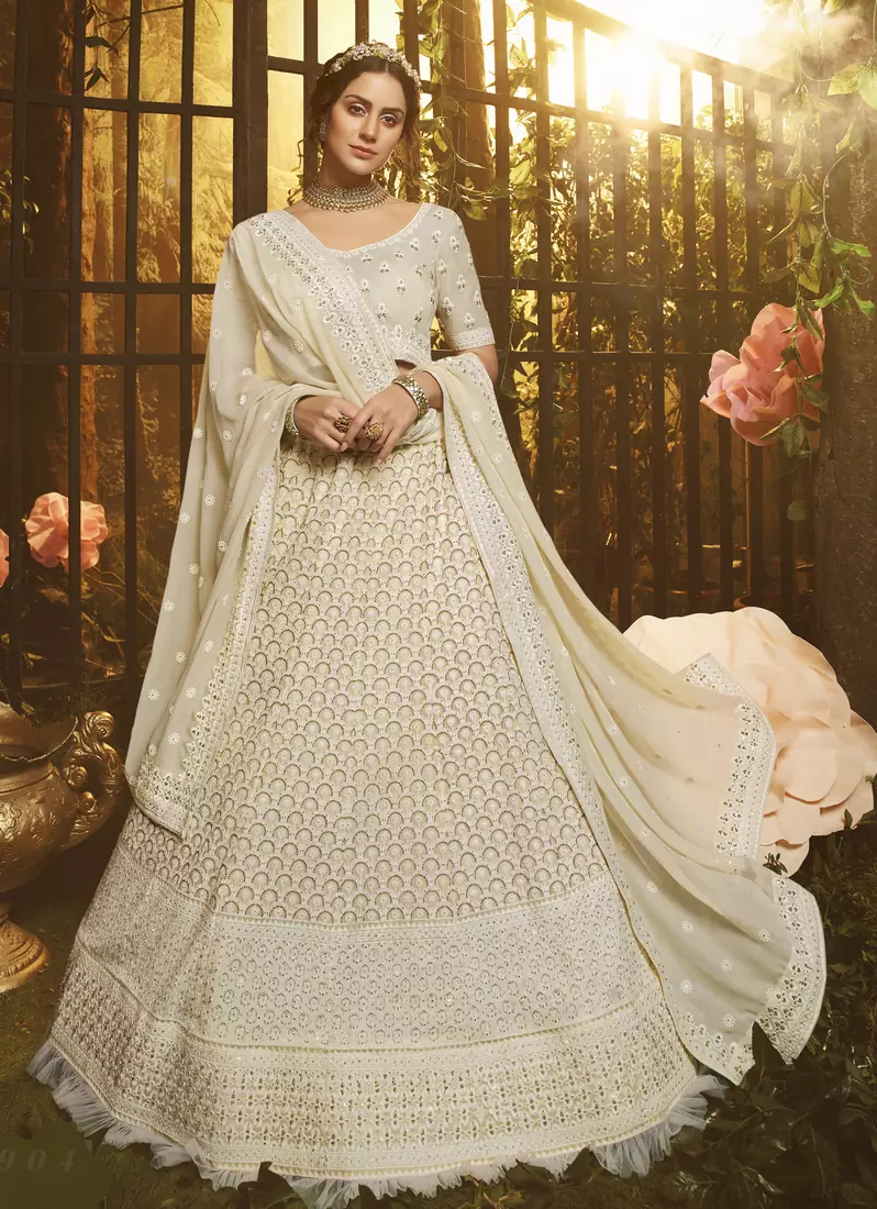 White embroidered georgette Semi Stitched bridal lehenga