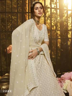 White embroidered georgette Semi Stitched Bridal Lehenga 3