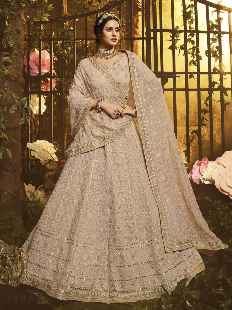 Light-brown embroidered georgette Semi Stitched bridal lehenga