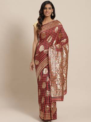 Red woven dupion silk saree with blouse 1