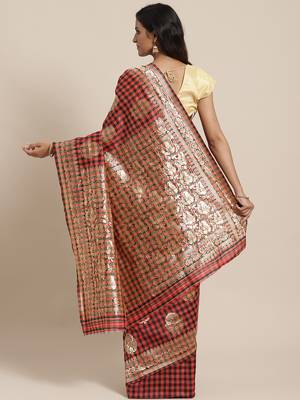 Red woven dupion silk saree with blouse 2