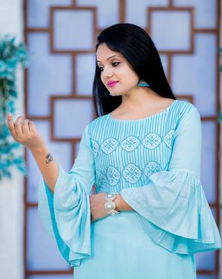 Turquoise embroidered rayon kurtas-and-kurtis 2