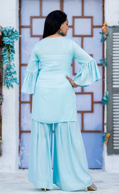 Turquoise embroidered rayon kurtas-and-kurtis 3