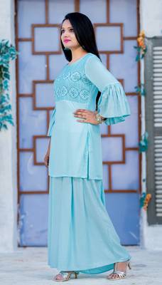 Turquoise embroidered rayon kurtas-and-kurtis 4
