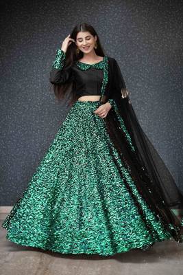 Green plain velvet semi stitched lehenga 1