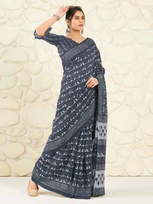 Navy blue woven cotton saree with blouse 1
