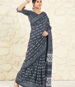 Navy blue woven cotton saree with blouse