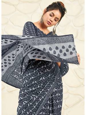 Navy blue woven cotton saree with blouse 2