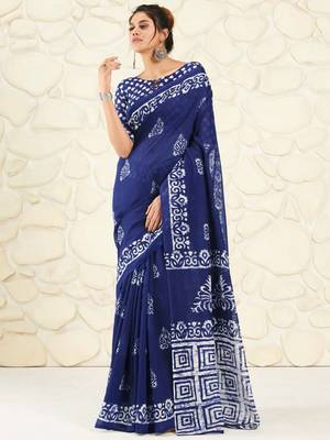 Royal blue woven cotton saree with blouse 1