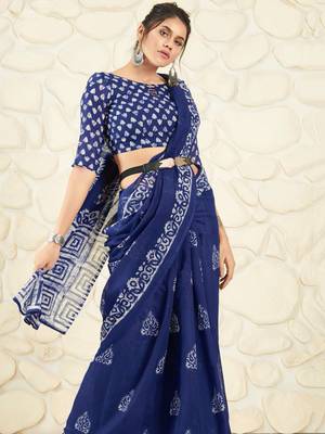 Royal blue woven cotton saree with blouse 2