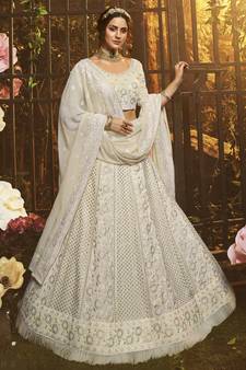 White embroidered georgette Semi Stitched bridal lehenga