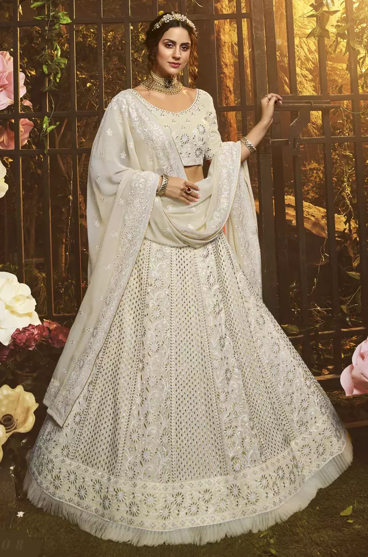 White embroidered georgette Semi Stitched bridal lehenga