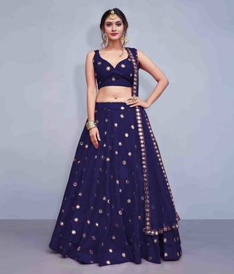 Navy-blue embroidered art silk semi stitched lehenga 1