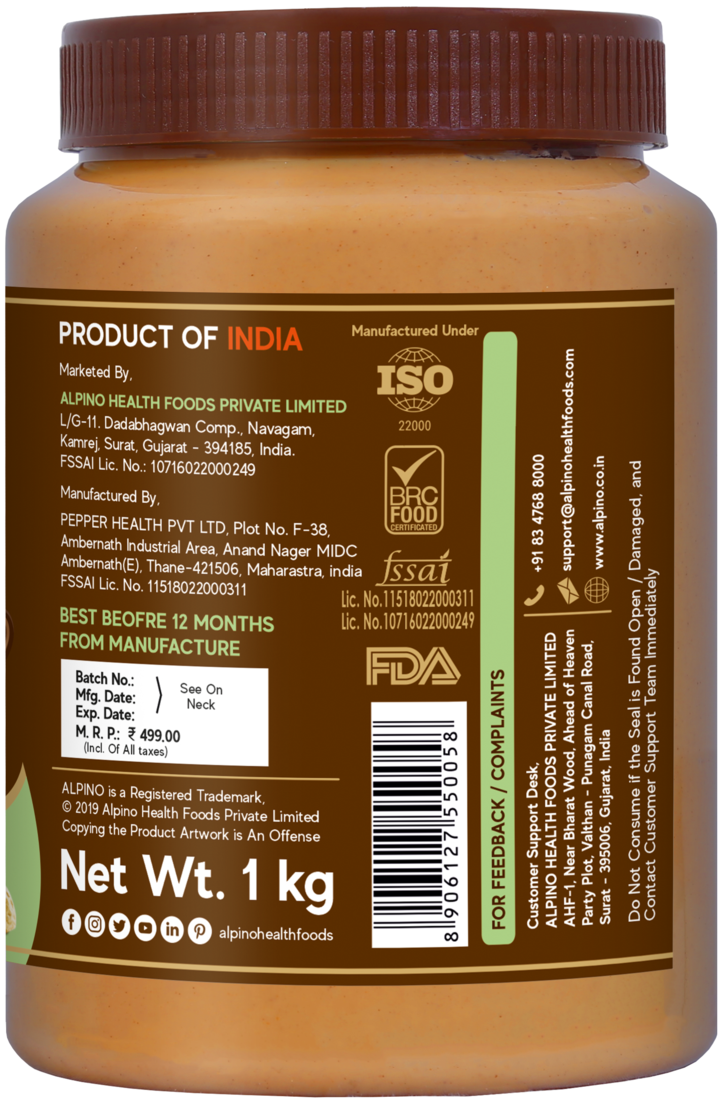 Alpino Organic Natural Peanut Butter Butter Smooth 1 KG