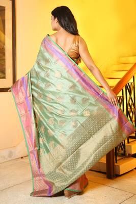 Light green woven silk blend saree with blouse 2