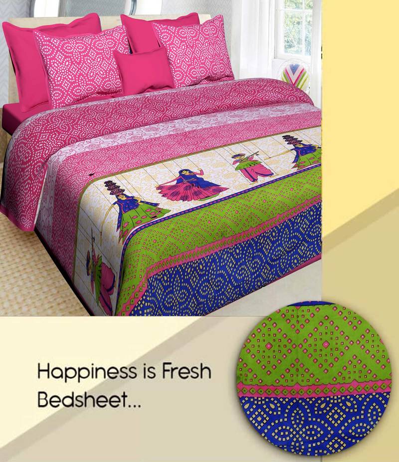 Pink Cotton Printed Jaipuri Double Bedsheet with 2 Pillow Covers AJ