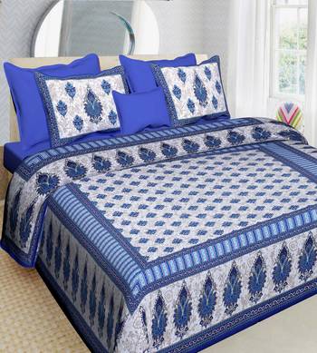 Blue Cotton Printed Jaipuri Double Bedsheet with 2 Pillow Covers 1