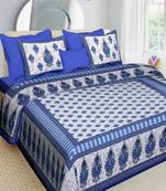 Blue Cotton Printed Jaipuri Double Bedsheet with 2 Pillow Covers