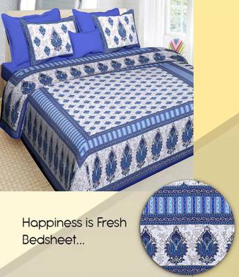 Blue Cotton Printed Jaipuri Double Bedsheet with 2 Pillow Covers 2