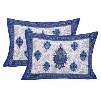 Blue Cotton Printed Jaipuri Double Bedsheet with 2 Pillow Covers 3