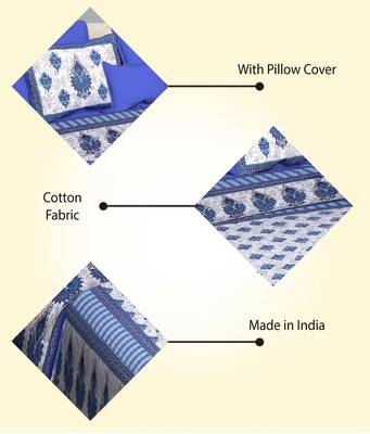 Blue Cotton Printed Jaipuri Double Bedsheet with 2 Pillow Covers 6