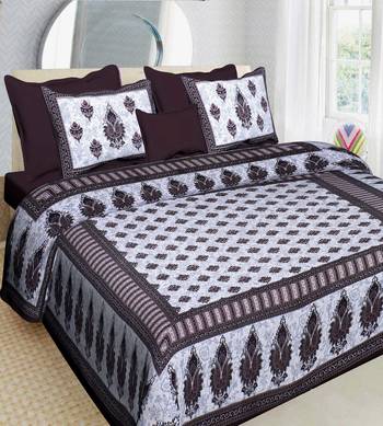Brown Cotton Printed Jaipuri Double Bedsheet with 2 Pillow Covers 1