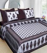 Brown Cotton Printed Jaipuri Double Bedsheet with 2 Pillow Covers
