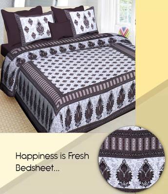 Brown Cotton Printed Jaipuri Double Bedsheet with 2 Pillow Covers 2