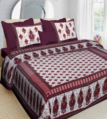 Maroon Cotton Printed Jaipuri Double Bedsheet with 2 Pillow Covers 1