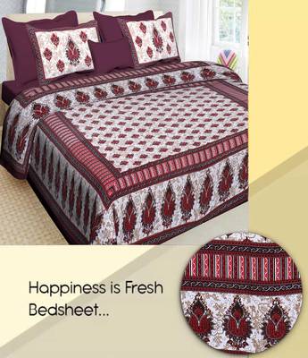 Maroon Cotton Printed Jaipuri Double Bedsheet with 2 Pillow Covers 2