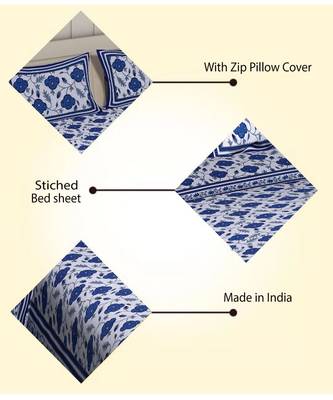 Blue Cotton Premium King Size Bedsheet with Two Zip Pillow Covers 3