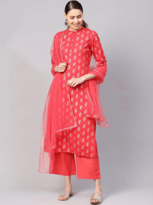Coral Red And Golden Printed Kurta With Bottom And Dupatta 1