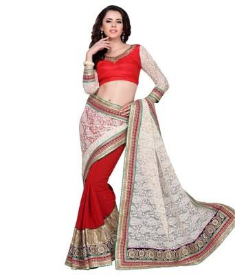 Red And White Embroidered Crepe Saree With Blouse 1