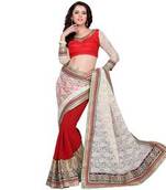 Red And White Embroidered Crepe Saree With Blouse