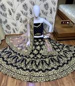 Blue embroidered velvet semi stitched bridal lehengas