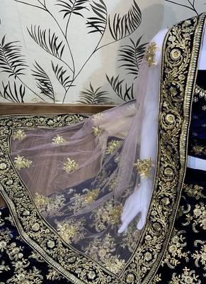 Blue embroidered velvet semi stitched bridal lehengas 3