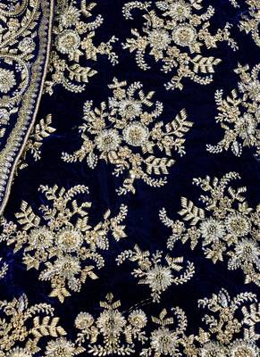 Blue embroidered velvet semi stitched bridal lehengas 4