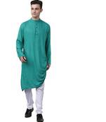 Men's Green Rayon Woven Design Asymmetric Cowl kurta