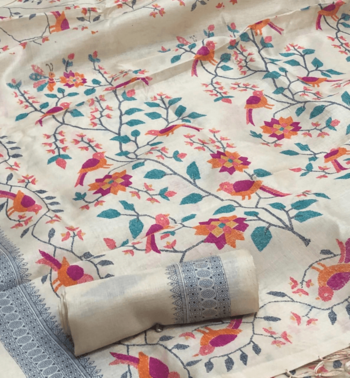 White Based Chappa Silk With Colorful Bird Art Saree Along With Blouse Piece 1