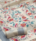 White Based Chappa Silk With Colorful Bird Art Saree Along With Blouse Piece