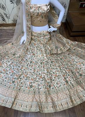 Peach embroidered satin semi stitched bridal lehengas 3