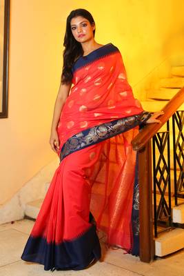 Coral woven chanderi silk saree with blouse 1